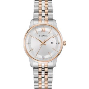 Bulova Ladies’ Classic Diamond Two-Tone Gold Stainless Steel 3-Hand Calendar Date Quartz Watch(Rose Gold/Silver Dial)