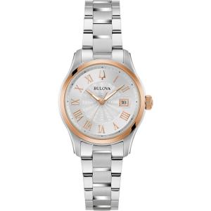 Bulova Ladies Classic Mini Wilton 3-Hand Quartz Silver Stainless Steel Watch, Day Date, 29mm(Silver/Blue)