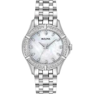 Bulova Ladies’ Classic Stainless Steel 3-Hand Quartz Watch, Diamond Dial and Bezel with White Mother-of-Pearl Dial Style: 96R233