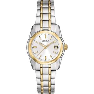 Bulova Ladies’ Classic Two-Tone Stainless Steel 3-Hand Calendar Date Quartz Watch, Silver-White Dial (Style: 98M105)