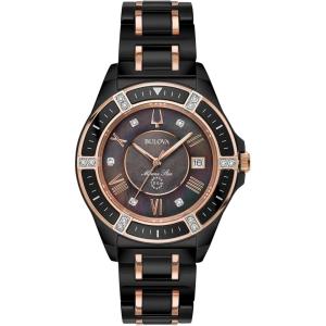Bulova Ladies’ Marine Star ‘Series L’ 3-Hand Day Date Quartz Diamond Ceramic Watch, Sapphire Crystal, 100M Water Resistant, Mother-of-Pearl Dial, 37mm(Black Ceramic/Rose Gold)