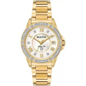 Bulova Ladies’ Marine Star ‘Series L’ 3-Hand Day Date Quartz Diamond Watch, Sapphire Crystal, 100M Water Resistant, Mother-of-Pearl Dial, 34mm(Gold Tone)