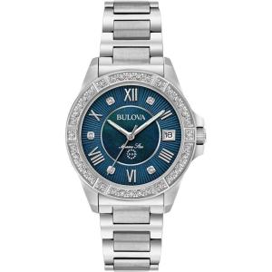 Bulova Ladies’ Marine Star ‘Series L’ 3-Hand Day Date Quartz Diamond Watch, Sapphire Crystal, 100M Water Resistant, Mother-of-Pearl Dial, 34mm(Stainless/ Blue Dial)