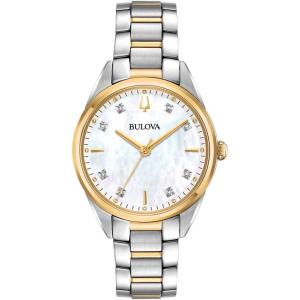 Bulova Ladies’ Sutton Two-Tone Stainless Steel 3-Hand Quartz, White Mother-of-Pearl Dial, Sapphire Crystal, Diamond Dial Style: 98P184