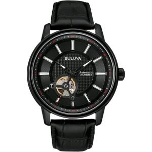 Bulova Men’s Classic 3-Hand Automatic Leather Strap Watch, 21-Jewels, Hack Feature, Luminous Hands and Markers,Open Aperture and Exhibition Case Back(Black Strap/Black Ion-Plated)