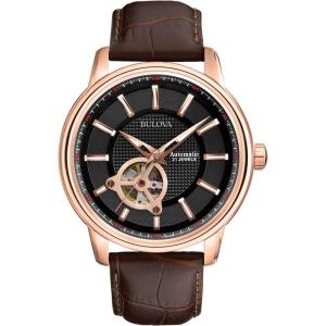 Bulova Men’s Classic 3-Hand Automatic Leather Strap Watch, 21-Jewels, Hack Feature, Luminous Hands and Markers,Open Aperture and Exhibition Case Back(Brown Strap/ Rose Gold)