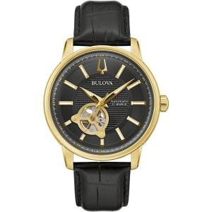 Bulova Men’s Classic 3-Hand Automatic Leather Strap Watch, 21-jewels, Hack Feature, Luminous Hands and Markers,Open Aperture and Exhibition Case Back Style: 97A166