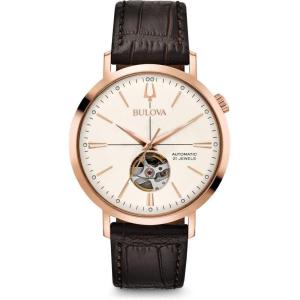 Bulova Men’s Classic Aerojet 3-Hand Automatic Leather Strap Watch, Open Aperture, 40-Hour Power Reserve, Double Curved Mineral Crystal, 41mm
