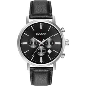 Bulova Men’s Classic Aerojet Stainless Steel 6-Hand Chronograph Watch with Black Leather Strap, 41mm Style: 96B262