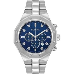 Bulova Men’s Classic Diamond 6-Hand Chronograph Quartz Watch, Calendar Date, Luminous Markers, 100M Water Resistant, 44mm(Stainless/Blue Dial)