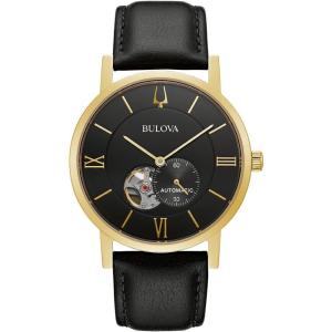 Bulova Men’s Classic Dress 3-Hand 21- Jewel Automatic Watch, 42 Hour Reserve, Hack Feature, Sub-Second Hand, Open Aperture Dial, Exhibition Case Back, 42mm(Black Leather/Gold Tone)