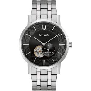 Bulova Men’s Classic Dress 3-Hand 21- Jewel Automatic Watch, 42 Hour Reserve, Hack Feature, Sub-Second Hand, Open Aperture Dial, Exhibition Case Back, 42mm(Stainless Steel/ Black Dial)
