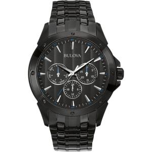 Bulova Men’s Classic Dress 6-Hand Multi-Function Day/Date Quartz Watch, Black Patterned Dial, 43mm(Black Ion-Plated/Blue Accents)