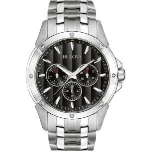 Bulova Men’s Classic Dress 6-Hand Multi-Function Day/Date Quartz Watch, Black Patterned Dial, 43mm(Stainless)