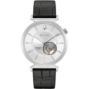 Bulova Men’s Classic Regatta Stainless Steel 3-Hand Automatic Black Leather Strap Watch with Open Aperture Watch Style: 96A240