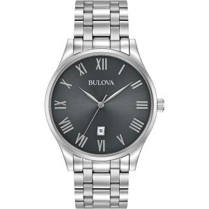 Bulova Men’s Classic Stainless Steel 3-Hand Date Calendar Quartz Watch, Grey Dial with Roman Numeral Markers Style: 96B261