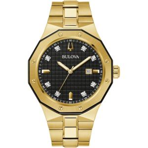 Bulova Men’s Classic Stainless Steel 3-Hand Date Quartz Watch with Diamonds and Day Date, 44mm(Gold/ Black Dial)