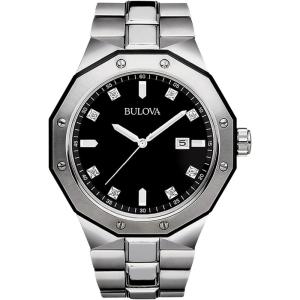 Bulova Men’s Classic Stainless Steel 3-Hand Date Quartz Watch with Diamonds and Day Date, 44mm(Silver/ Black Dial)