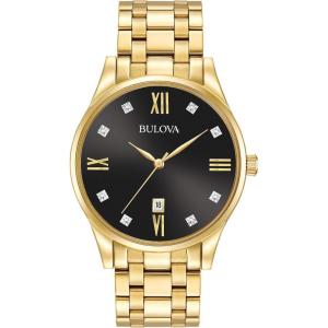 Bulova Men’s Classic Stainless Steel Watch with Diamonds and Day Date(Gold Tone/ Black Dial)