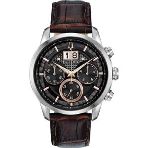 Bulova Men’s Classic Sutton 6-Hand Chronograph Calendar Big Date Leather Strap Quartz Watch, Domed Mineral Crystal, 44mm(Black/ Brown Leather Strap)
