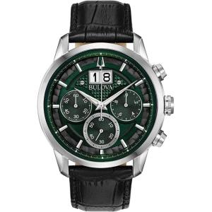Bulova Men’s Classic Sutton 6-Hand Chronograph Calendar Big Date Leather Strap Quartz Watch, Domed Mineral Crystal, 44mm(Green/ Black Leather Strap)