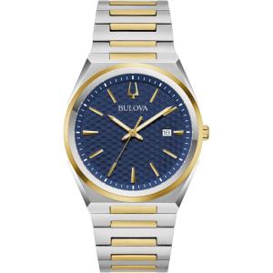 Bulova Mens Dress Classic Quartz Two Tone Stainless Steel Watch, Patterned Dial, 39mm(Two-Tone Gold/ Blue Dial)
