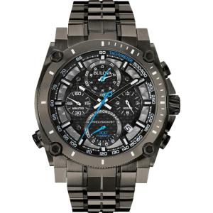 Bulova Men’s Icon High Precision Quartz Chronograph Watch, Curved Mineral Crystal(Black Ion-Plated/Blue Accents)