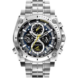 Bulova Men’s Icon High Precision Quartz Chronograph Watch, Curved Mineral Crystal(Stainless Steel/ Blue and Yellow Accents)