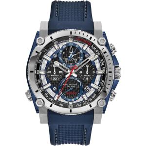 Bulova Men’s Icon High Precision Quartz Chronograph Watch, Curved Mineral Crystal(Stainless Steel/Blue Rubber Strap)