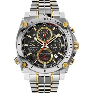 Bulova Men’s Icon High Precision Quartz Chronograph Watch, Curved Mineral Crystal(Two Tone Gold/Black and Red Accents)