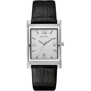 Bulova Men’s Stainless Steel 3-Hand Calendar Date Quartz Watch with Black Leather Strap, Rectangle Dial Style: 96B107