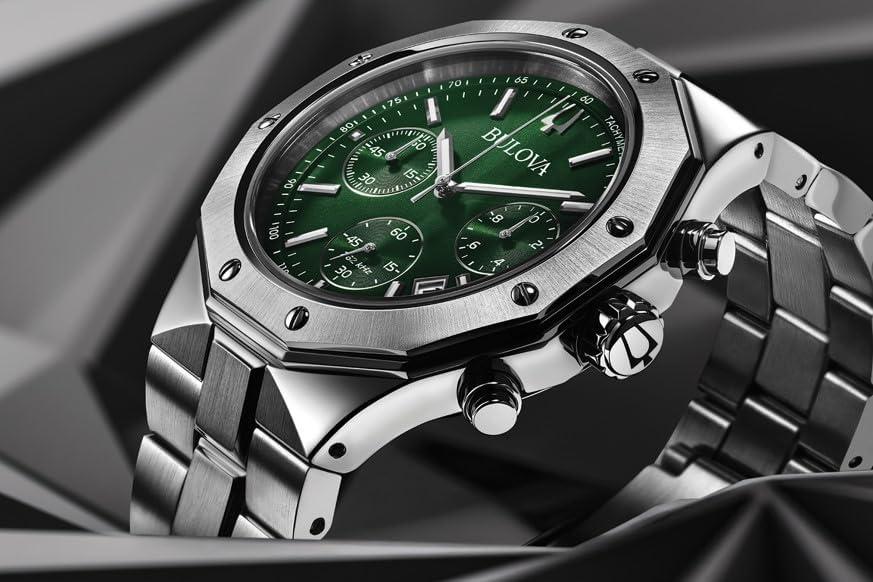 imageBulova Mens Classic 6Hand Chronograph High Performance Quartz Silver Stainless Steel Watch Green DialGeometric Bezel 24 Hour Time 44mm Style96B409