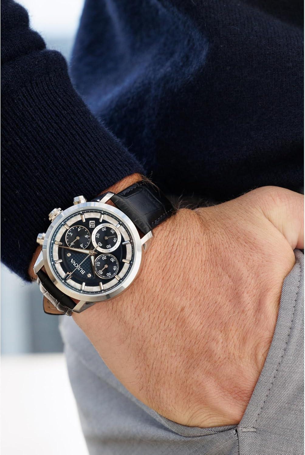 imageBulova Mens Classic Sutton 6Hand Chronograph Quartz Silver Stainless Steel Case Watch with Black Leather Strap Blue Dial 44mm Style 96B420