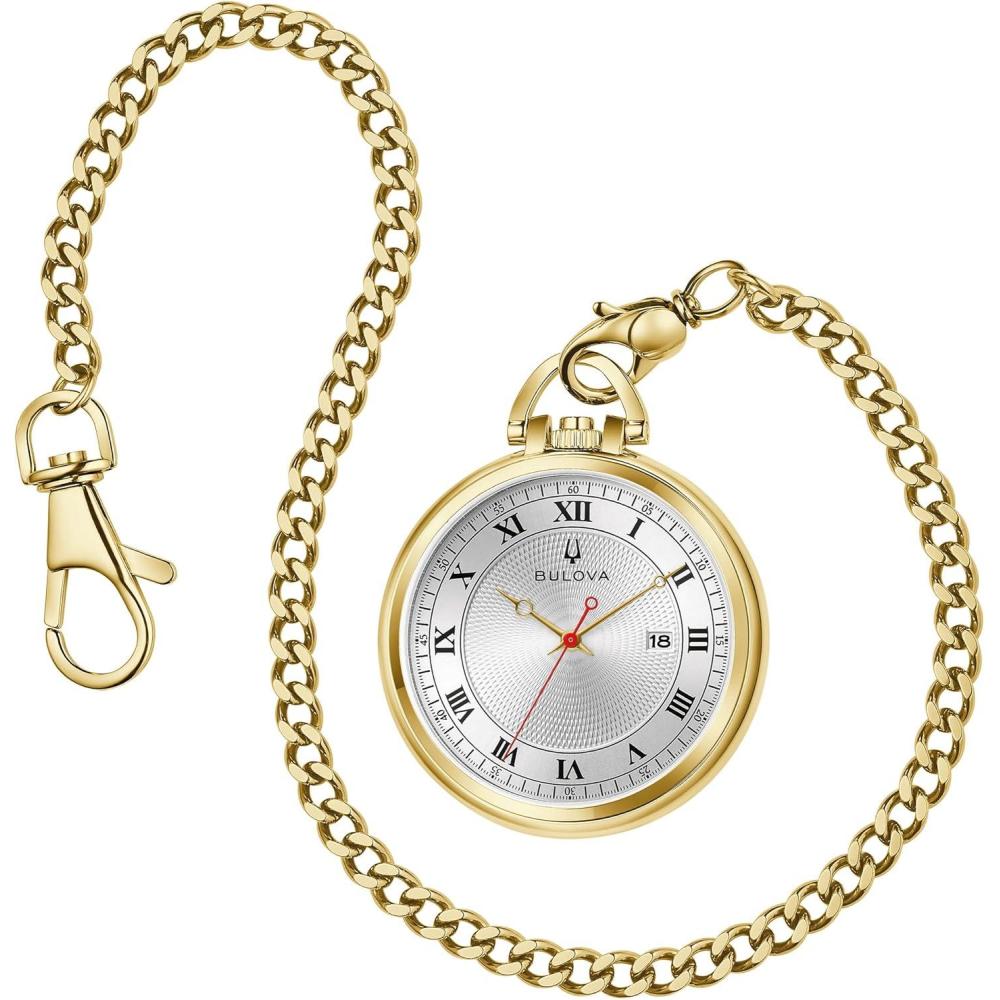 imageBulova Classic Pocket Watch 3Hand Date Quartz Gold Stainless Steel White Dial with Detachable Chain Style 97B241