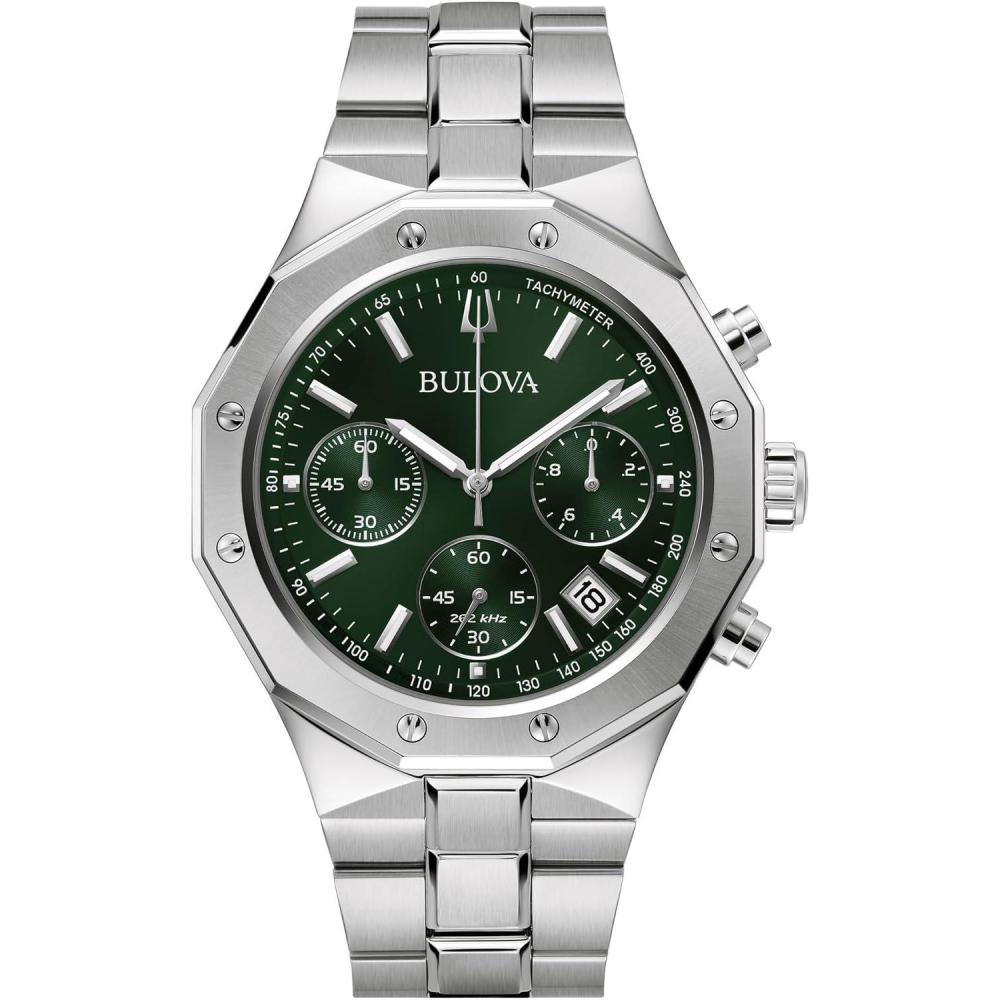 imageBulova Mens Classic 6Hand Chronograph High Performance Quartz Silver Stainless Steel Watch Green DialGeometric Bezel 24 Hour Time 44mm Style96B409