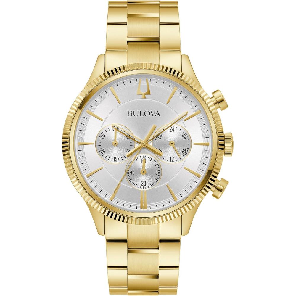imageBulova Mens Classic 6Hand Chronograph Quartz Gold Stainless Steel Watch 24 Hour Time Luminous Hands 43mm Style97A190