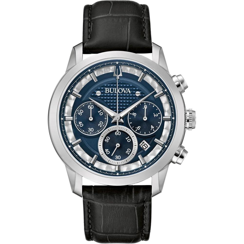 imageBulova Mens Classic Sutton 6Hand Chronograph Quartz Silver Stainless Steel Case Watch with Black Leather Strap Blue Dial 44mm Style 96B420