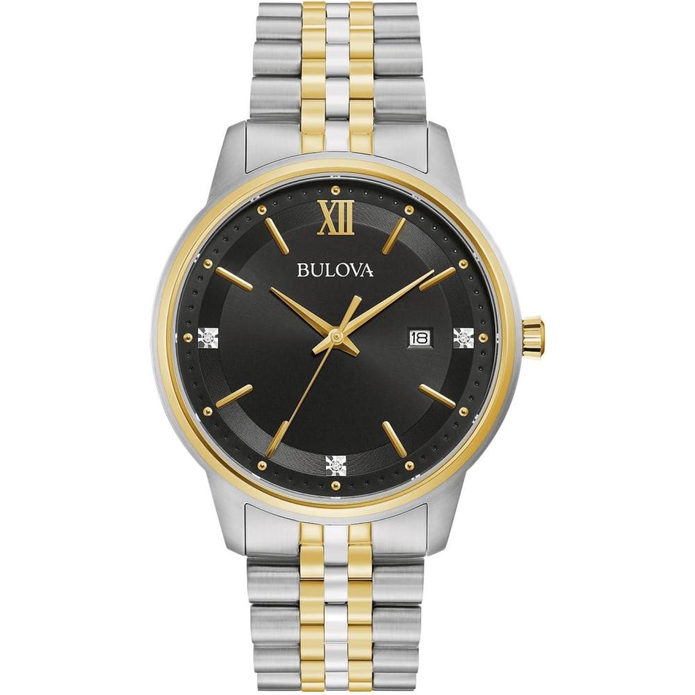 imageBulova Mens Dress Classic Diamond Watch 3Hand Date Quartz Watch Stainless Steel Bracelet 41mmTwoTone Gold Black Dial
