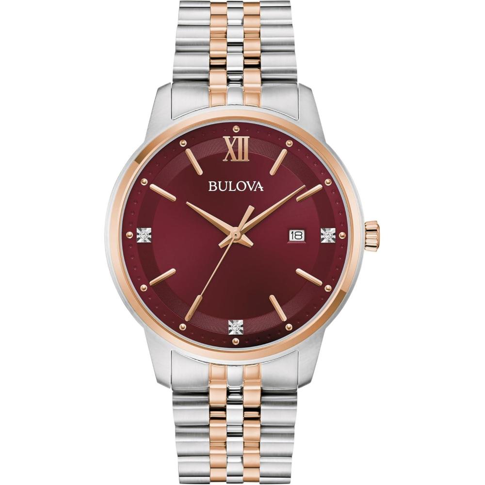 imageBulova Mens Dress Classic Diamond Watch 3Hand Date Quartz Watch Stainless Steel Bracelet 41mmTwoTone Rose Burgundy Dial