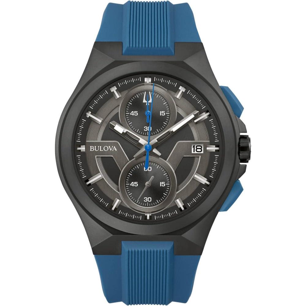 imageBulova Mens Maquina Sport Black IonPlated Stainless Steel Case 6Hand Chronograph Quartz Watch with Matte Black Silicone Strap Sapphire Crystal Blue StrapBlue Accents