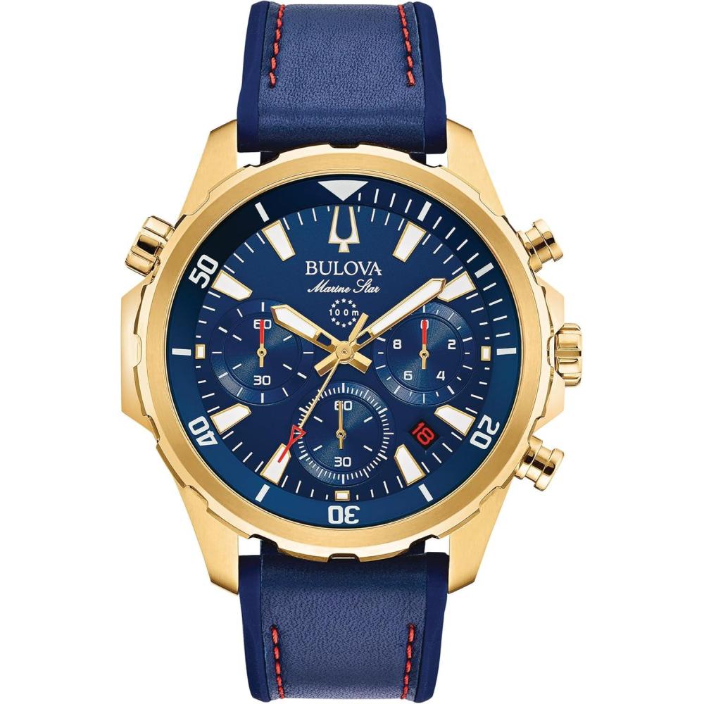 imageBulova Mens Marine Star Series B Stainless Steel 6Hand Chronograph Quartz Watch 100MGold ToneBlue Dial