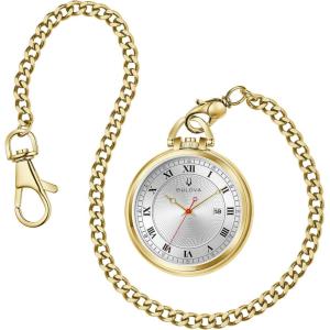 Bulova Classic Pocket Watch 3-Hand Date Quartz Gold Stainless Steel, White Dial with Detachable Chain Style: 97B241