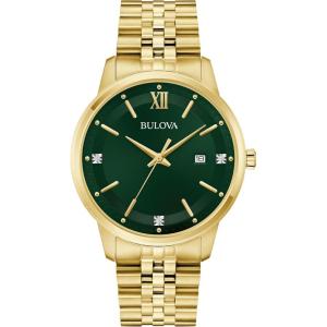 Bulova Men’s Dress Classic Diamond Watch, 3-Hand Date Quartz Watch, Stainless Steel Bracelet, 41mm(Gold/ Green Dial)