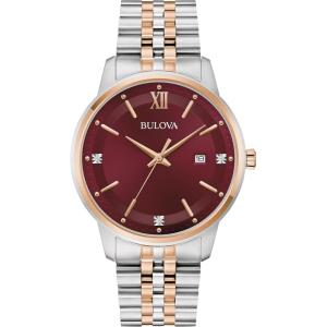 Bulova Men’s Dress Classic Diamond Watch, 3-Hand Date Quartz Watch, Stainless Steel Bracelet, 41mm(Two-Tone Rose/ Burgundy Dial)