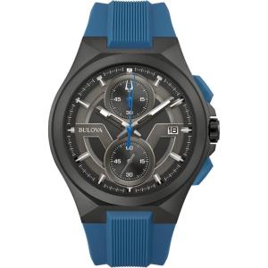 Bulova Men’s Maquina Sport Black Ion-Plated Stainless Steel Case, 6-Hand Chronograph Quartz Watch with Matte Black Silicone Strap, Sapphire Crystal, Blue Strap/Blue Accents