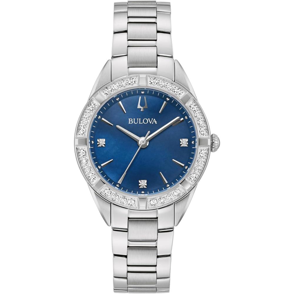 imageBulova Ladies Classic Sutton Stainless Steel 3Hand Quartz Watch Diamond Bezel with Blue MotherofPearl Dial Style 96R243