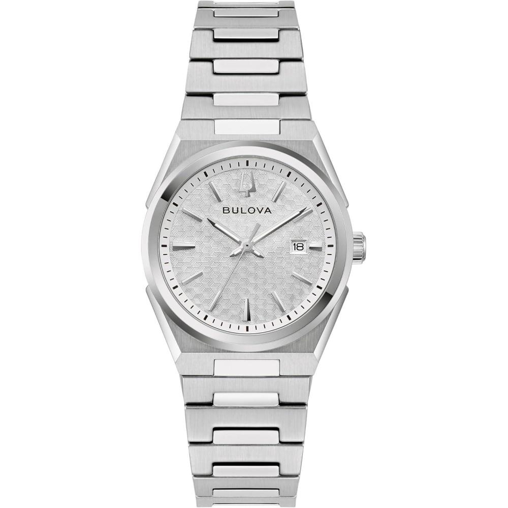 imageBulova Ladies Dress Classic 3Hand Calendar Date Quartz Watch Stainless Steel Bracelet Patterned Dial 28mmSilver