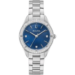 Bulova Ladies’ Classic Sutton Stainless Steel 3-Hand Quartz Watch, Diamond Bezel with Blue Mother-of-Pearl Dial Style: 96R243