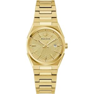 Bulova Ladies Dress Classic 3-Hand Calendar Date Quartz Watch, Stainless Steel Bracelet, Patterned Dial, 28mm(Gold Tone)