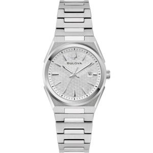 Bulova Ladies Dress Classic 3-Hand Calendar Date Quartz Watch, Stainless Steel Bracelet, Patterned Dial, 28mm(Silver)